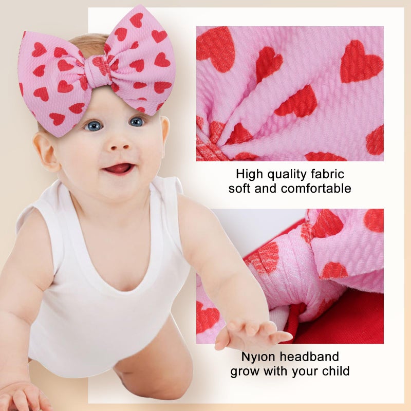 ONENINEDREAM 6'' Large Valentines Bow Baby Headbands Handmade Hairbands with Bows High Stretchy Soft Nylon Headbands Baby Hair Accessories for Infant Baby Girls Red Light Pink Heart - Image 5